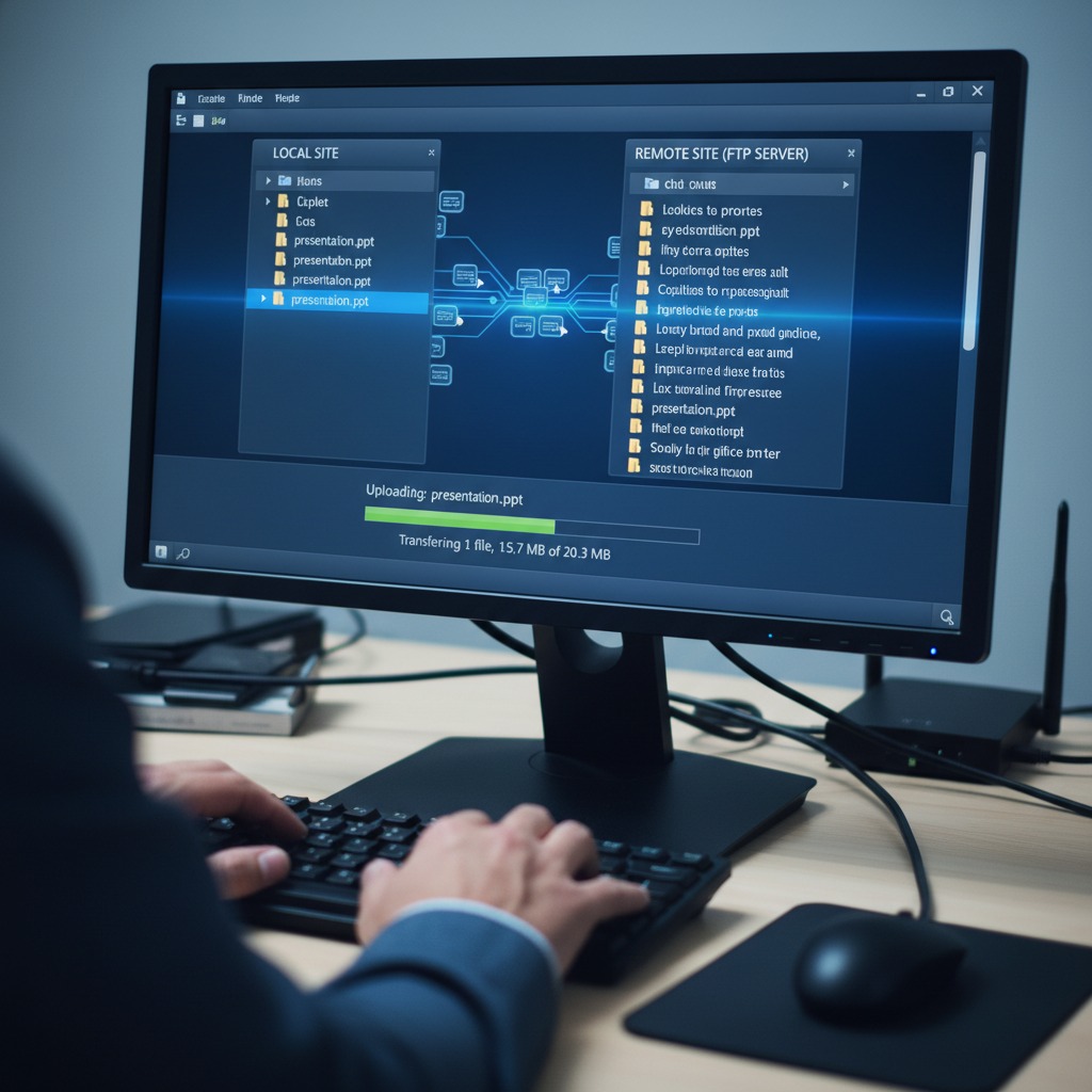 A person types on a keyboard while a computer monitor displays an FTP file transfer interface showing a file being uploaded to a remote server.