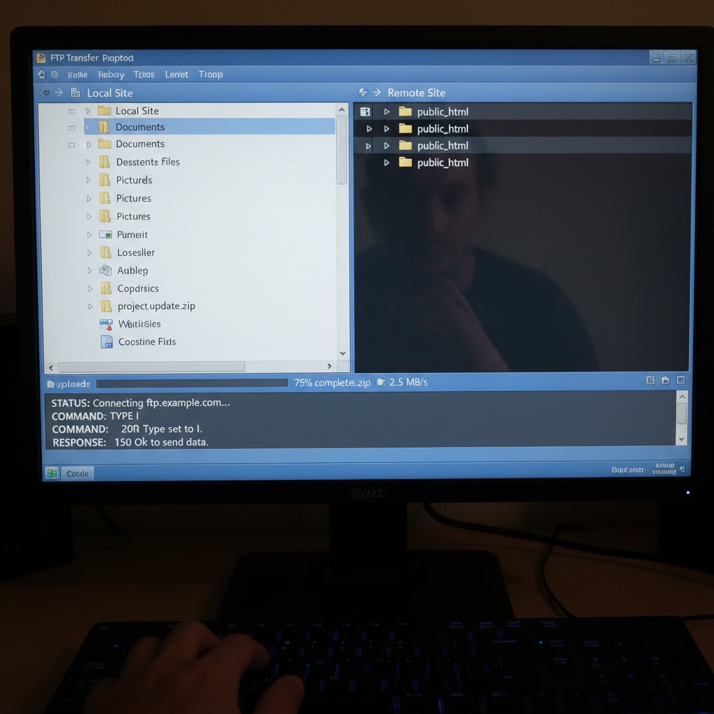 A computer monitor displays an FTP file transfer program with a person's reflection visible on the screen.