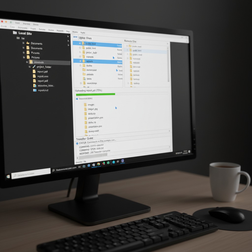 A computer monitor displays an FTP client software interface showing file transfer progress on a desk with a keyboard and a coffee mug.