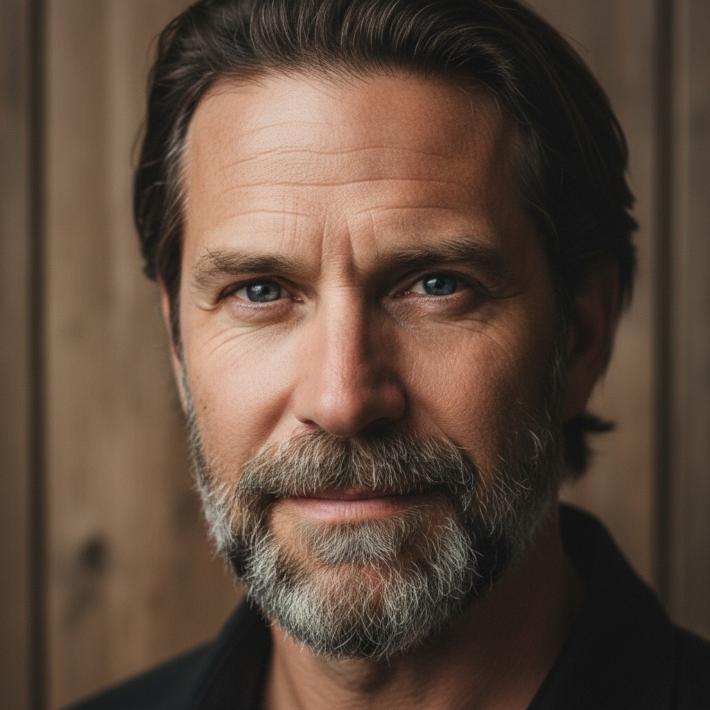 A middle-aged man with a salt-and-pepper beard and blue eyes looks directly at the camera against a wooden background.