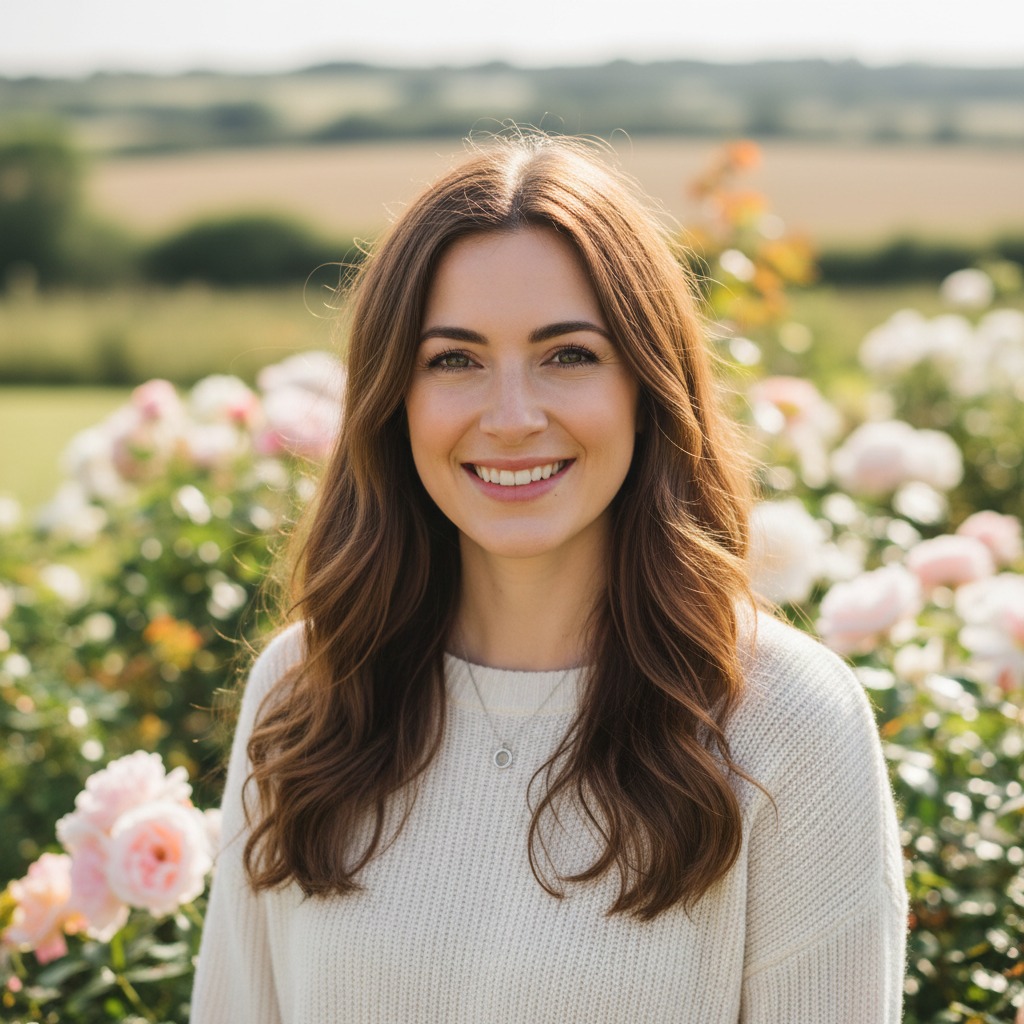 A smiling woman with long brown hair wearing a cream-colored sweater stands in a garden filled with blooming roses.