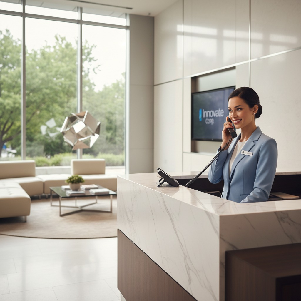 A smiling receptionist in a blue blazer stands behind a marble reception desk, talking on the phone in a brightly lit modern office lobby.